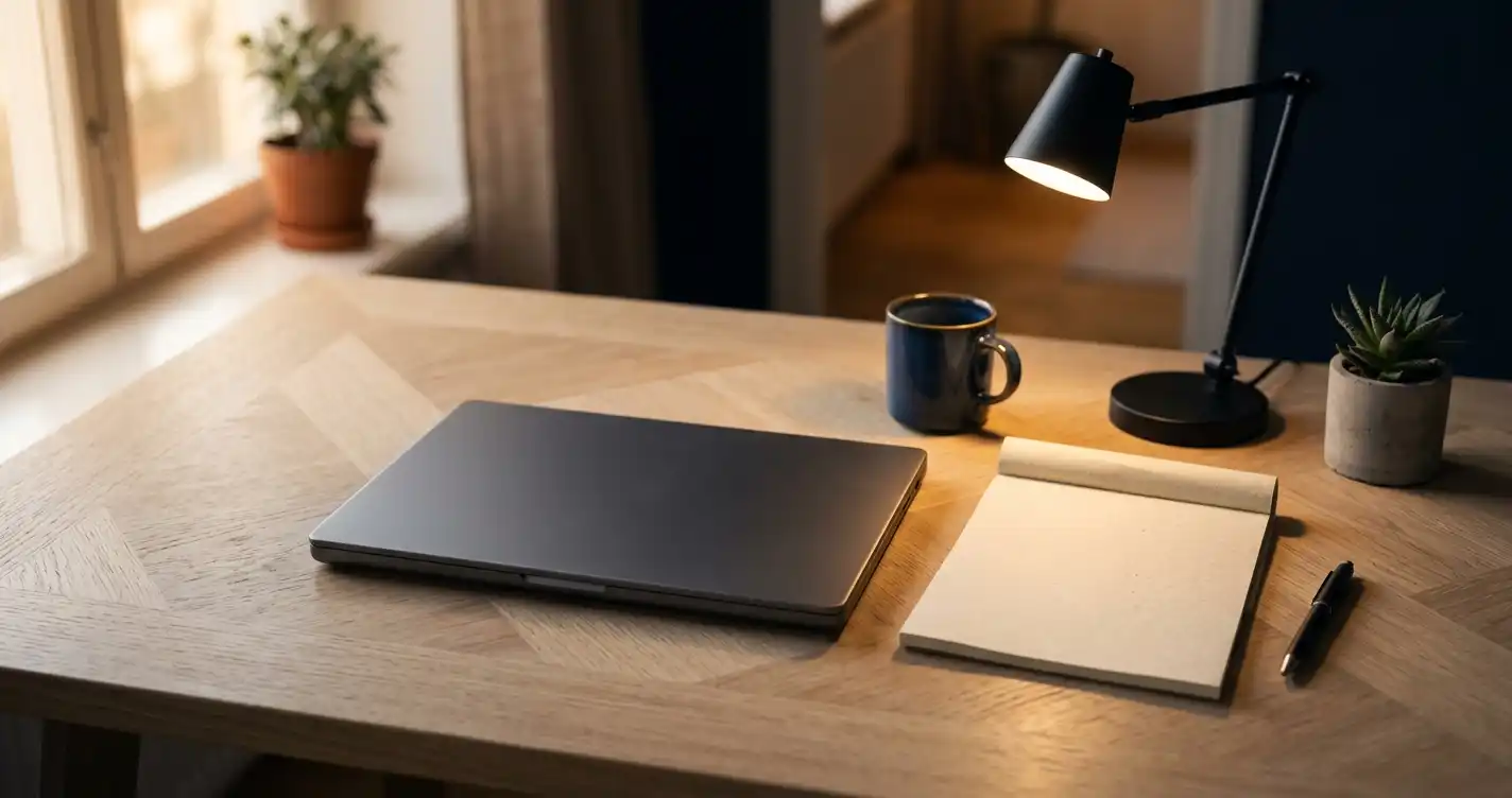 Bord med ett diskret geometriskt mönster, stängd bärbar dator, anteckningsblock och lampa i varmt kvällsljus