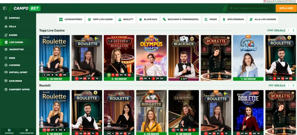 CampoBets livecasino med webbplatsens navigering och spelutbud